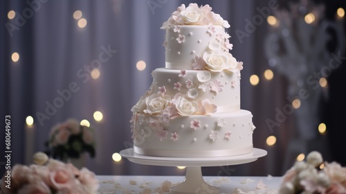  a three - tiered white wedding cake with pink flowers on a table with a backdrop of lights and boke of pink and white flowers in the foreground. photo