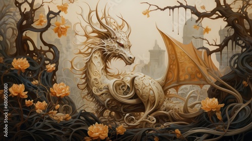  a painting of a white dragon sitting in the middle of a forest with yellow flowers in the foreground and a castle in the background with trees and yellow flowers in the foreground.