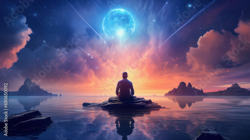 illustration of a man meditatiing in a magic landscape against a cosmic sky