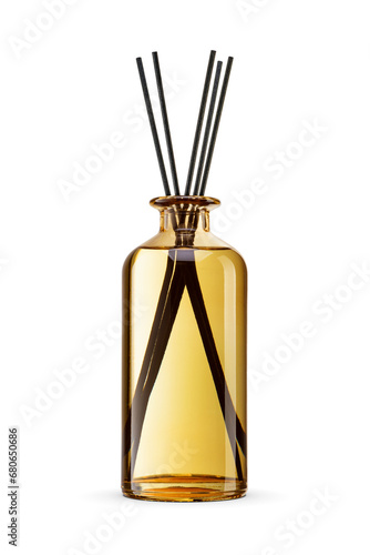 Air refresher bottle with black sticks isolated. Aroma diffuser for home. Transparent PNG image. photo