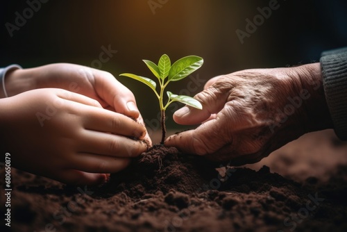 The hands of a child and an adult press the seedling into the ground.