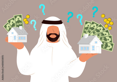 Inflation Arab Businessman holding Two Houses, One Big Expensive, The other one Small Cheaper. Save your money. Make your choice. Vector illustration for Web Banner, Infographics, Mobile