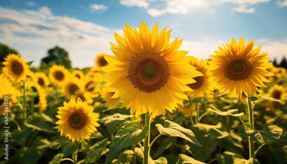 Field of Sunshine: Majestic Sunflowers Underneath a Serene Blue Sky