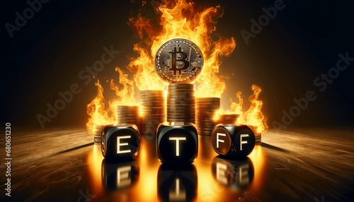 Bitcoin ETF with coins burning showing demand for crypto photo