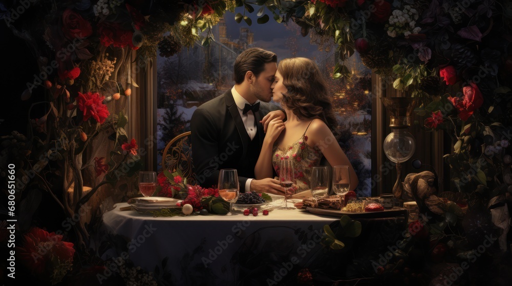  a man and a woman sitting at a table in front of a table with a glass of wine and a plate of food in front of the table are roses.