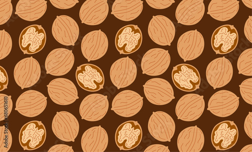 Walnut seamless pattern. Peeled and unpeeled nuts on brown background. Whole fruits with kernel. Cartoon vector flat wallpaper.