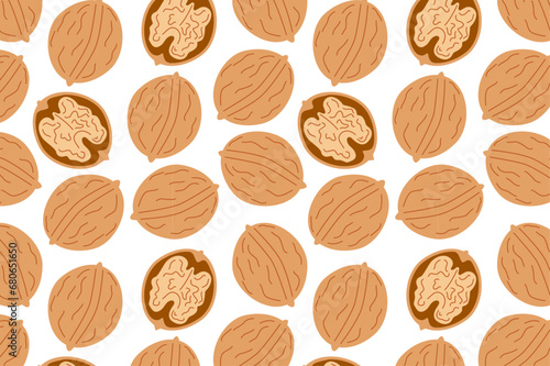 Walnut seamless pattern. Peeled and unpeeled nuts. Whole fruits with kernel. Cartoon vector flat wallpaper. 