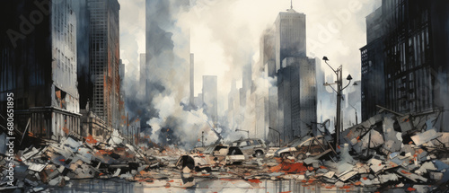 A horrifying watercolor unfolds as skyscrapers sink into debris, creating utter devastation. Once majestic, now rubble, depicted with somber brushstrokes conveying overwhelming destruction.