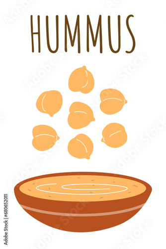 Hummus with chickpeas isolated on white background. Mediterranean cuisine elements. 