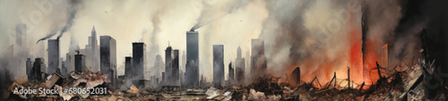 A horrifying watercolor depicts towering skyscrapers sinking into debris, a scene of utter devastation. Once majestic, now reduced to rubble. photo