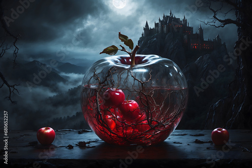 a glass apple on a table sitting under a castle