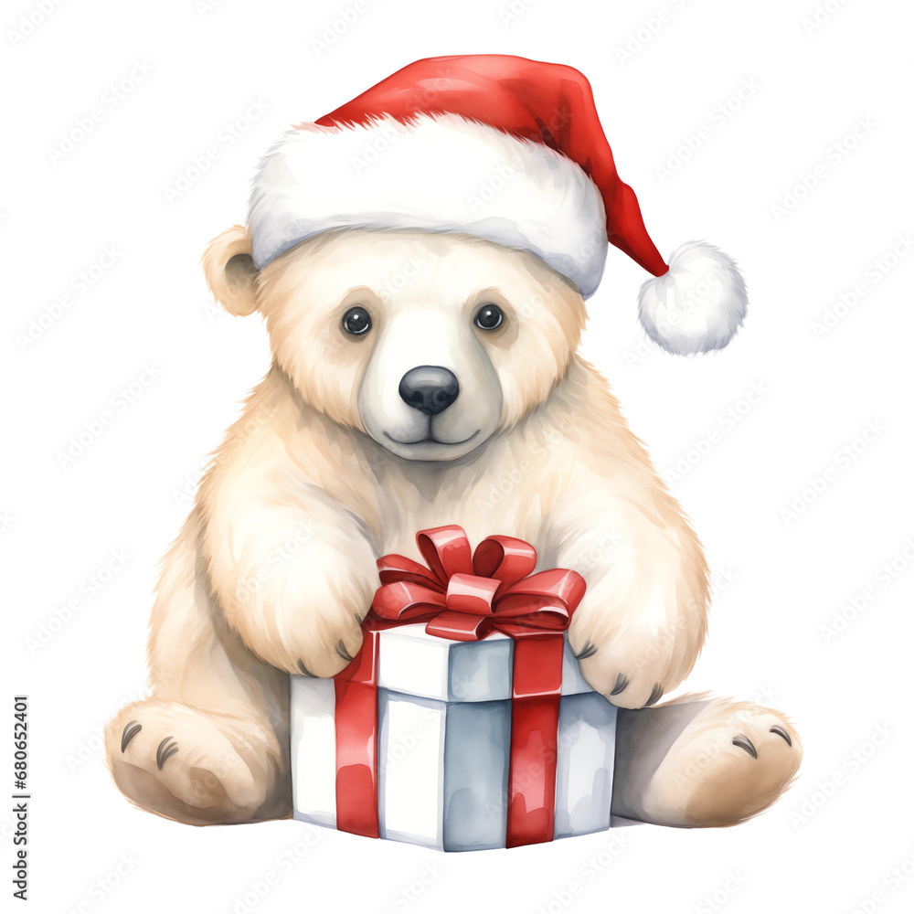 cuddly polar bear cub in a Santa hat holding a wrapped gift, painted in a soft watercolor style on a pristine white background cuddly polar bear cub in a Santa hat holding a wrapped gift, painted in a soft watercolor style on a pristine white background