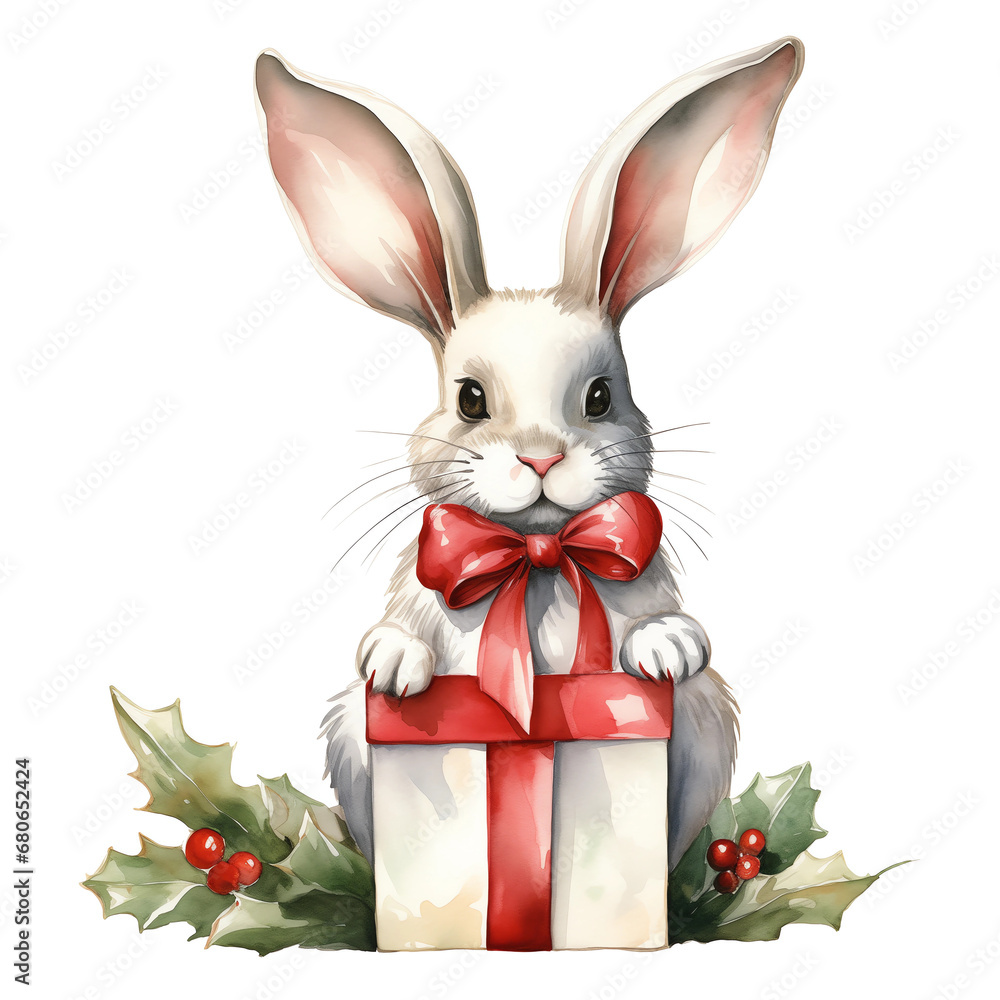 Obraz premium adorable bunny with a red bow and Christmas gift watercolor illustration on white background