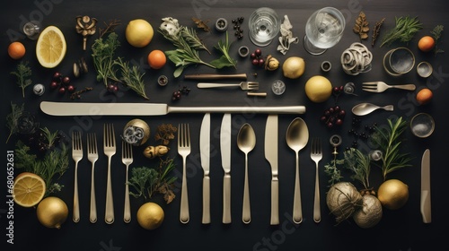  a table topped with lots of different types of utensils and lemons next to a knife, fork, spoons, and a lemon on a black surface.