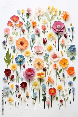 Beautiful abstract assorted pressed multicolored flowers. Seamless floral pattern on a plain background. Great as vectors, wallpaper or background. Generative AI, AI