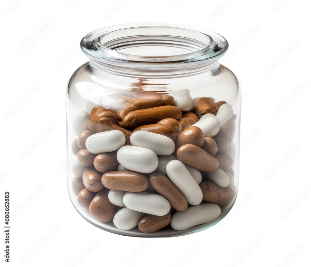 white and brown pills with caffeine in a glass jar, isolated white and brown pills with caffeine in a glass jar, isolated