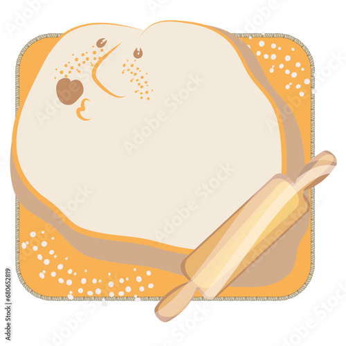 Roll out the dough. Knead the dough. A character from the test. Cook from flour and make dough. Knead with a rolling pin. Homemade food and cooking pies and pizza. Rolling pin, board, flour.