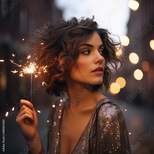 Profile view young short haired brunette holding sparkler at night wearing silver dress, effortlessly chic. Season greetings concept. Generative AI  photo
