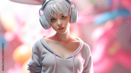 portrait of a cool girl with short hair and headphone ,anime face , stylish hoodie suit ,defocused pastel background ,digital art for fashion season 