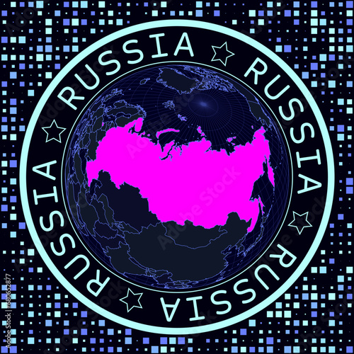 Futuristic satellite view of the world centered on Russia. Geographical illustration with the shape of the country and squares background. Bright neon colors on a dark background.