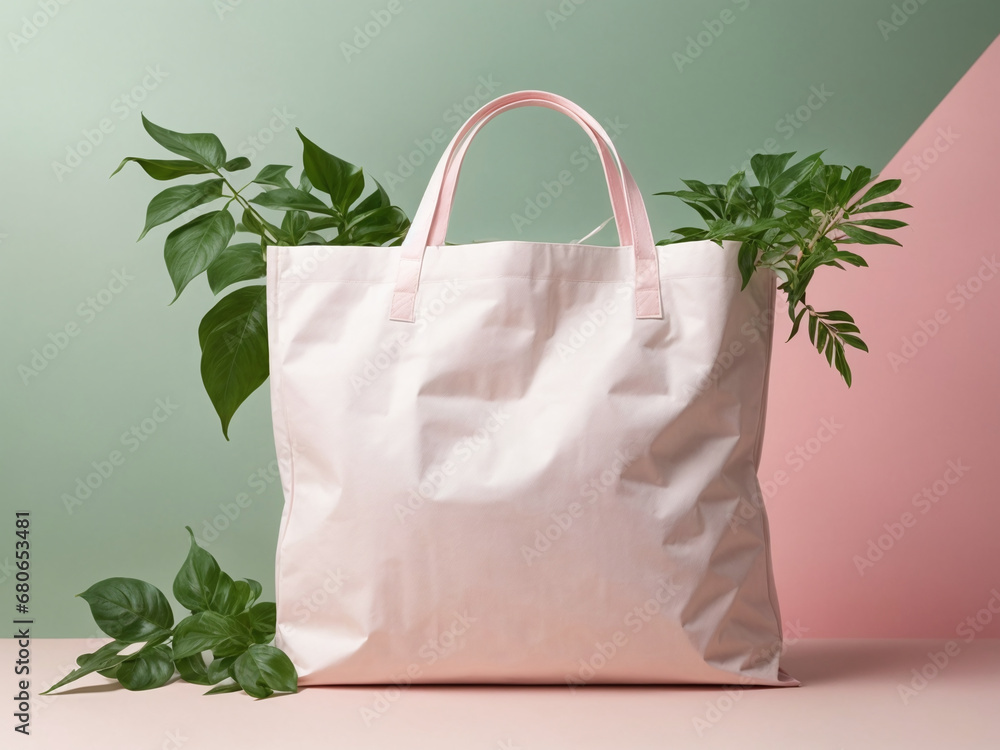 Eco-Friendly Canvas Bag with Green Foliage on Pink