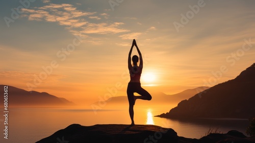  a person doing a yoga pose on top of a rock in front of a body of water with a mountain in the background and a sun setting in the sky.