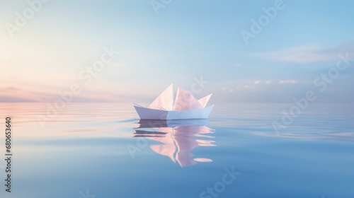  an origami boat floating in the water on a calm day with a blue sky and clouds in the background and the sun reflecting off the water's surface.