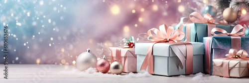 Christmas background with gift boxes with bows in delicate pink, beige, blue tones, bokeh and fairy light. Festive mood Christmas and New Year. Greeting card, banner photo