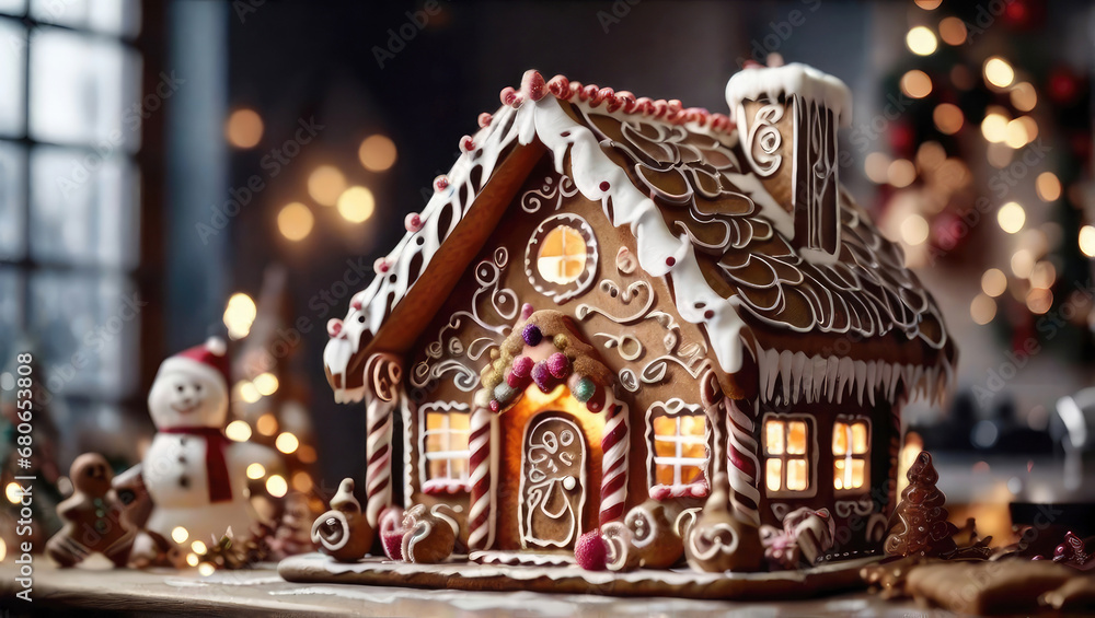 Traditional gingerbread house in a Christmas decor and fairy lights on a New Year's background. Delicious fragrant sweetness, homemade cakes, comfort in the house, home interior