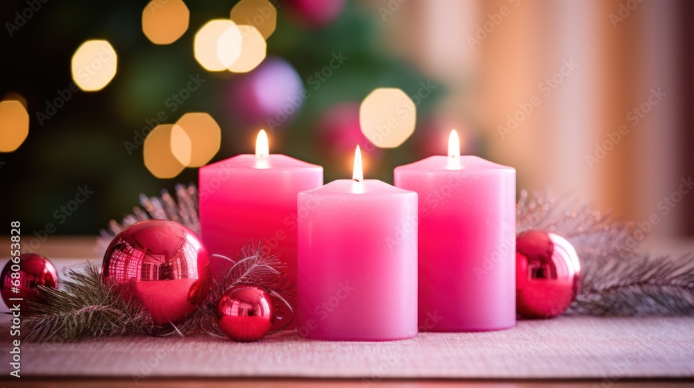 a group of three pink candles sitting on top of a table next to a christmas ornament and a red bauble on a tablecloth with a christmas tree in the background. a group of three pink candles sitting on top of a table next to a christmas ornament and a red bauble on a tablecloth with a christmas tree in the background.