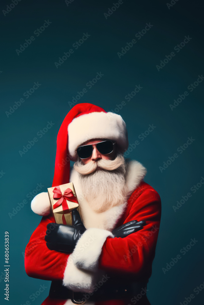 Cool, modern Santa Claus in sunglasses. New Year's gifts. Christmas card. New Year back Cool, modern Santa Claus in sunglasses. New Year's gifts. Christmas card. New Year back