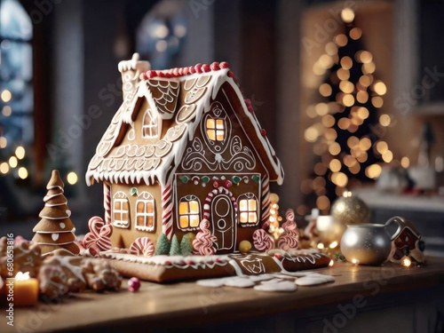 Traditional gingerbread house in a Christmas decor and fairy lights on a New Year's background. Delicious fragrant sweetness, homemade cakes, comfort in the house, home interior