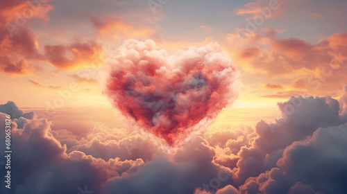 On Valentine Day, a Beautiful Heart in the Clouds as Abstract Background, Generative AI