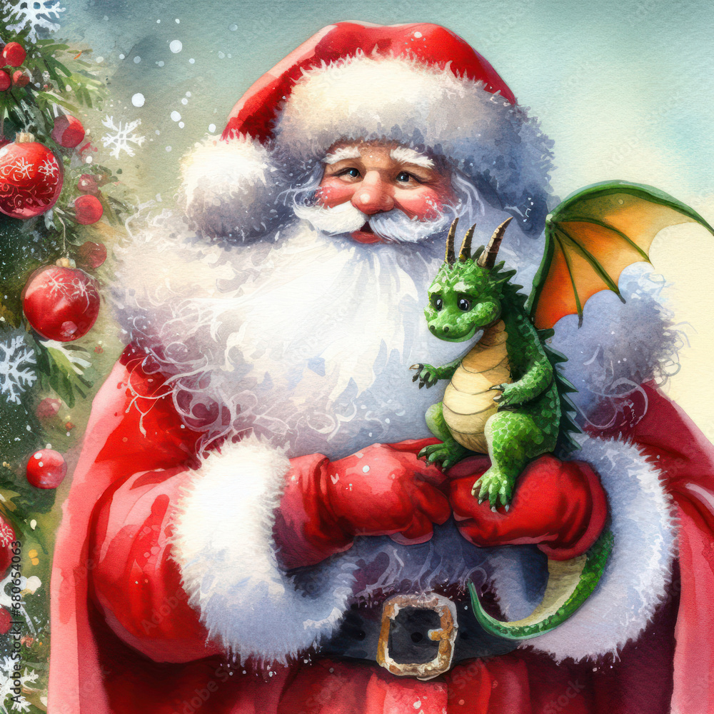 Santa Claus with dragon in his hands. Drawing with watercolors. Christmas card concept. Light back Santa Claus with dragon in his hands. Drawing with watercolors. Christmas card concept. Light back