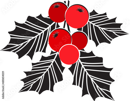 Christmas holly berry vector icon, mistletoe and leaf, red and black ilex branch, xmas plant isolated on white background. Cartoon holiday illustration