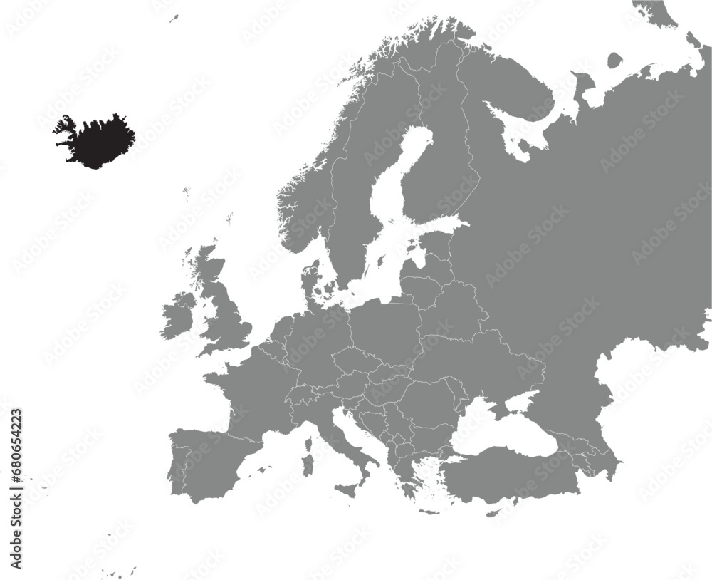 Fototapeta premium Black CMYK national map of ICELAND inside detailed gray blank political map of European continent on transparent background using Mercator projection