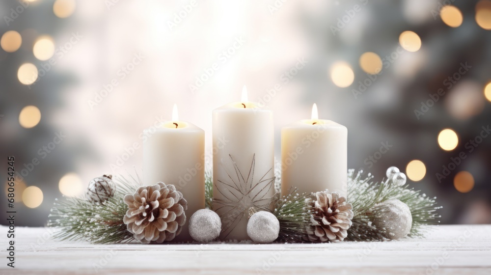  a group of three white candles sitting on top of a table next to a pine cone and a pine cone with a pine cone on the top of the candles.
