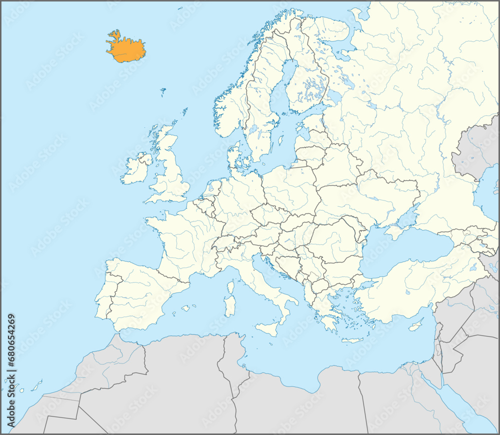Orange CMYK national map of ICELAND inside detailed beige blank political map of European continent with rivers and lakes on blue background using Mercator projection