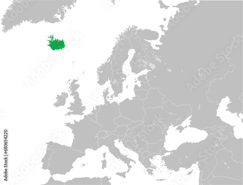 Green CMYK national map of ICELAND inside detailed gray blank political map of European continent with lakes on transparent background using Mercator projection