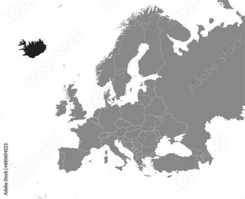 Black CMYK national map of ICELAND inside detailed gray blank political map of European continent on transparent background using Mercator projection