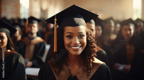 Portrait of a happy woman university graduate in traditional costume with expressing happy celebration. Graduation from university concept photo