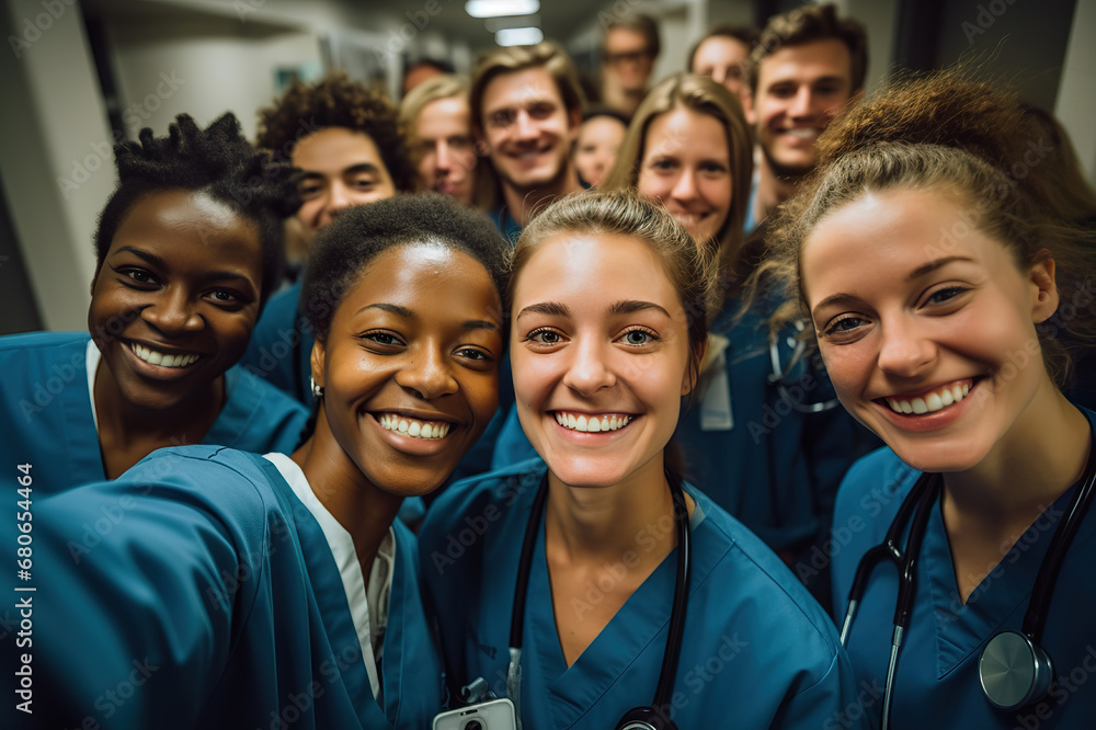 Medical Team Moments Group of Doctors and Nurses Capturing a Joyful Selfie in the Hospital Corridor. created with Generative AI Medical Team Moments Group of Doctors and Nurses Capturing a Joyful Selfie in the Hospital Corridor. created with Generative AI