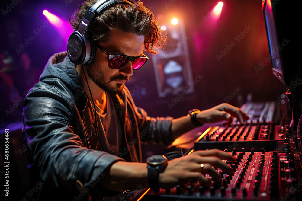 Handsome DJ Man Masterfully Playing with Console at Disco Nightclub. created with Generative AI Handsome DJ Man Masterfully Playing with Console at Disco Nightclub. created with Generative AI