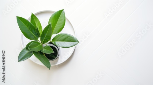  a white plate topped with a green plant on top of a white table next to a black and white vase with a green leaf on top of a white plate.