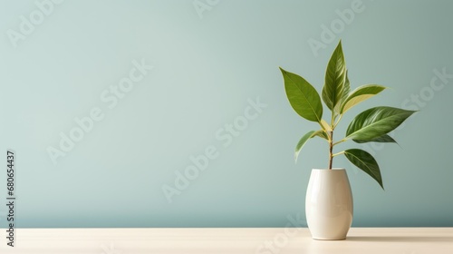 a potted plant in a white vase on a white table with a blue wall in the background and a light blue wall in the corner of the room behind. #680654437