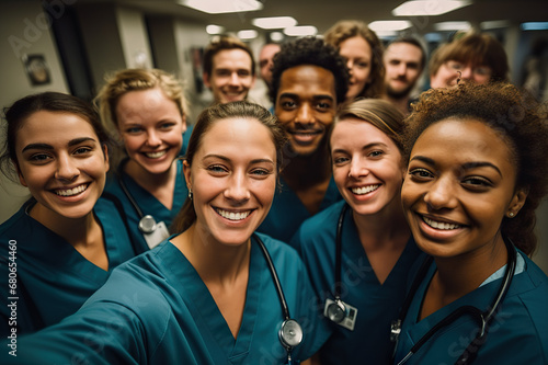 Medical Team Moments Group of Doctors and Nurses Capturing a Joyful Selfie in the Hospital Corridor. created with Generative AI