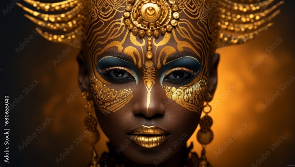 The Golden Goddess: A Woman Adorned in a Shimmering Gold Mask and Jewelry