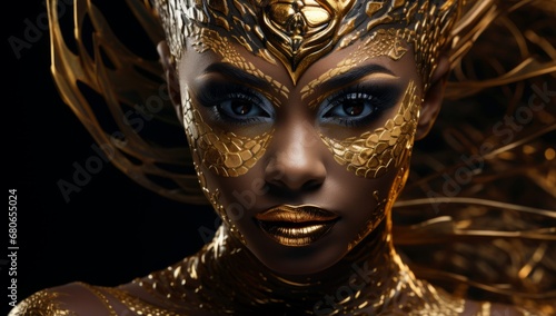 Golden Glamour: A Woman Adorned in Stunning Gold and Black Makeup