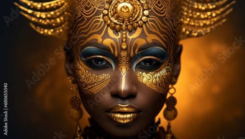 The Golden Goddess: A Woman Adorned in a Shimmering Gold Mask and Jewelry