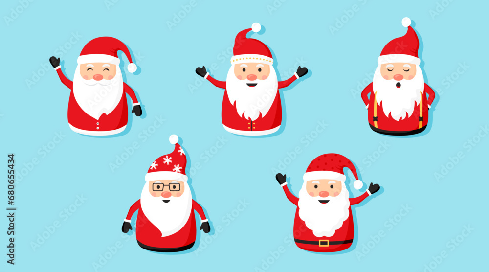 Santa Claus vector icon, Christmas cartoon characters on blue background, winter holiday set. Xmas cute illustration